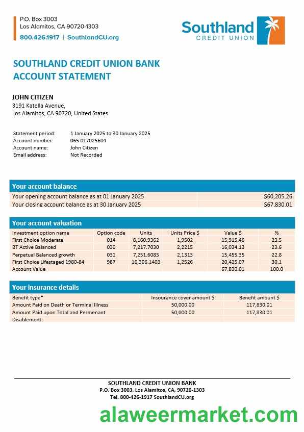 USA California Southland Credit Union Bank statement, Word and PDF template